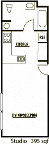 Floor plan for studio, 1 bath, 395 sqft